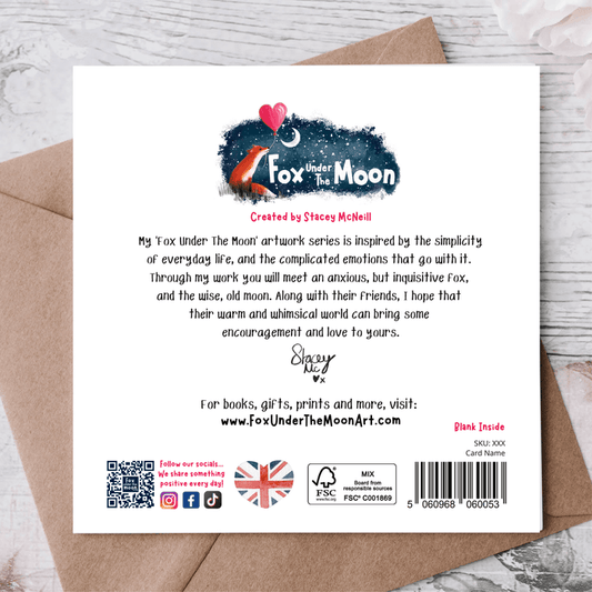 Back of 'Broken' Sympathy & Encouragement Card by Fox Under The Moon describing its artwork and inspiration.