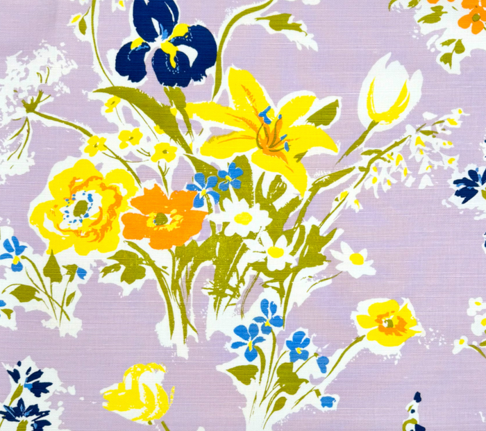 China Seas Fabric: Flowers II - Custom Multi Lavender / Orange / Yellow on White Belgian Linen / Cotton