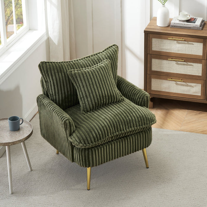 Corduroy Chair with Metal feet and a Throw Pillow (Green)