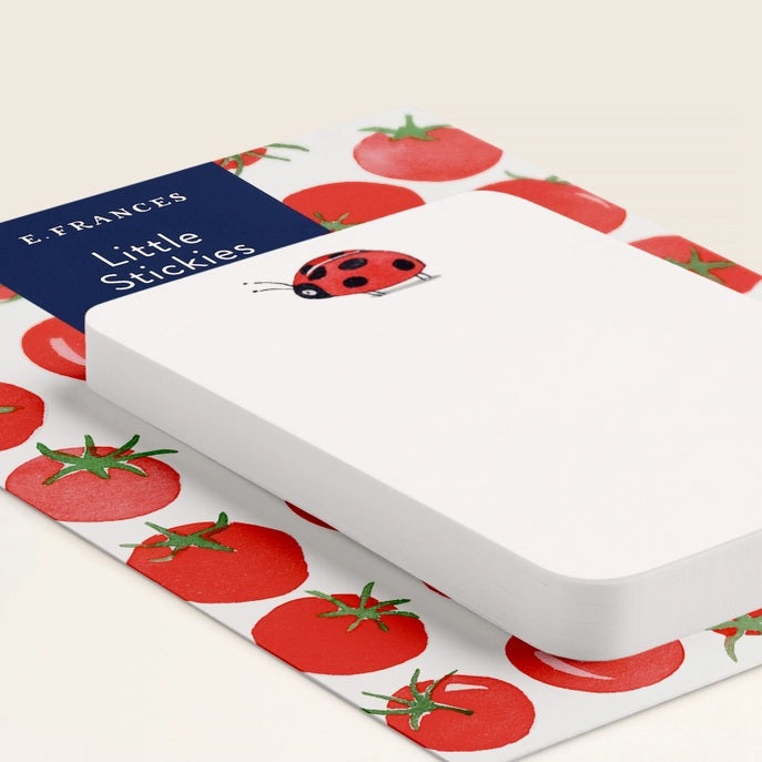 E. FRANCES - LITTLE STICKIES LADYBUG by E. FRANCES PAPER: Two rectangular white notecards, each with a small red and black ladybug in the top left corner. The cards are blank and set against a white background, resembling cute ladybug sticky notes.