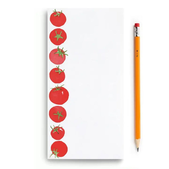 The E. FRANCES - NOTEPAD TOMATO MARKET by E. FRANCES PAPER is a vertical white kitchen notepad with eight red tomatoes and green stems along the left edge—ideal gardening stationery for tomato lovers. The rest of the notepad is blank.