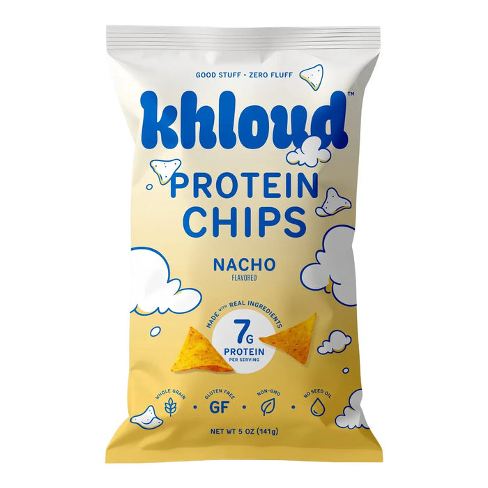A 5 oz (141g) bag of KHLOUD NACHO PROTEIN CHIPS by KHLOUD FOODS, featuring an illustration of clouds and tortilla-style chips. The packaging highlights 7g of protein per serving and notes that the chips are gluten-free, non-GMO, and free from nut and seed oils for a satisfyingly savory flavor.
