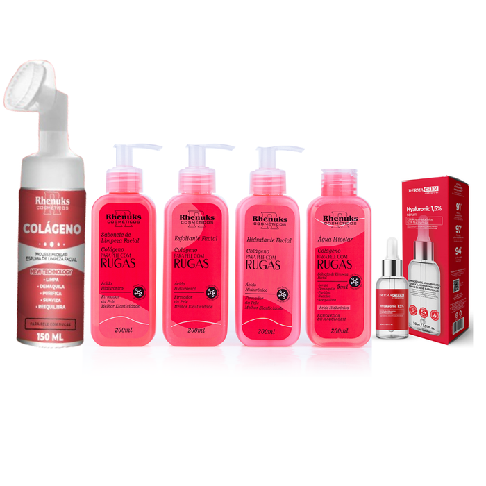 Kit SkinCare Anti Rugas com Colágeno Rhenuks + Espuma de Limpeza + Sérum Hialurônico Dermachem"