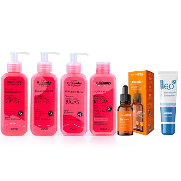 Kit SkinCare Anti Rugas com Colágeno Rhenuks + Sérum Clareador Dermachem + Protetor Solar FPS 60
