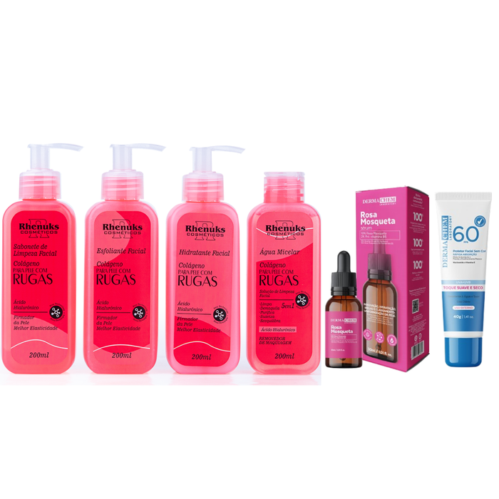 Kit SkinCare Anti Rugas com Colágeno Rhenuks + Sérum Rosa Mosqueta Dermachem + Protetor Solar FPS 60 Dermachem
