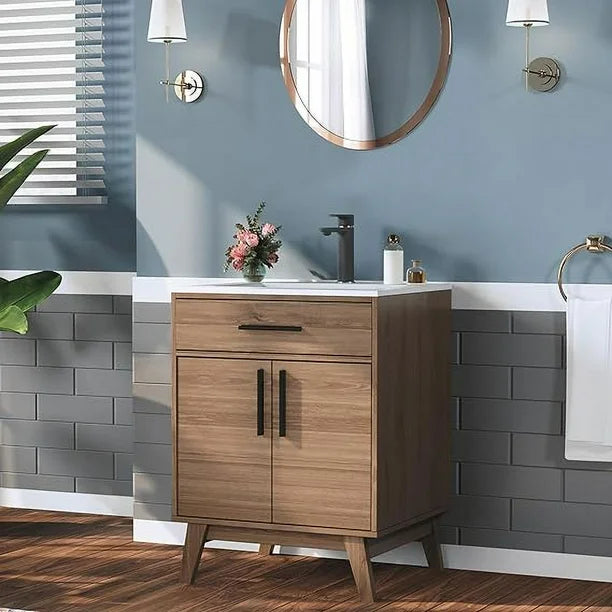 Meuble-lavabo Merluxy 62 cm avec vasque intégrée, style milieu du siècle, marron