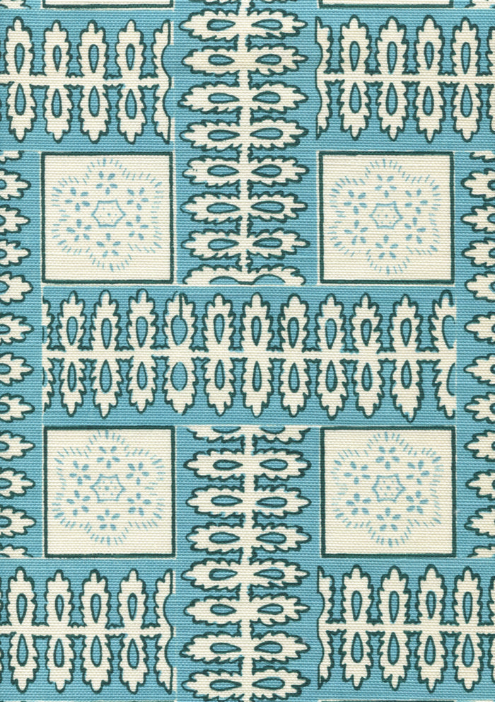 Quadrille Fabric: Manchester-by-the-Sea - Custom Turquoise / New Blue on Tinted Belgian Linen / Cotton