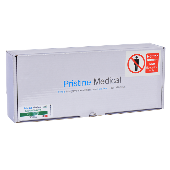 A Pristine Medical box sits on a surface. It contains Simu 10ml Tinted Vials, for educational use only. The box is off-white, with company contact information.