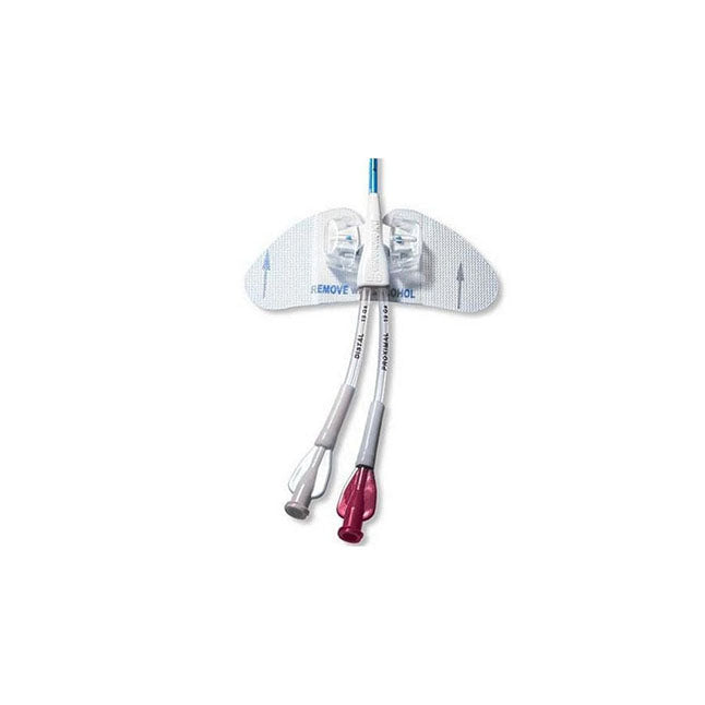 A dual-lumen catheter extends from a white adhesive pad labeled “REMOVE WITH ALCOHOL.” The catheters are marked "DISTAL 18 GA" and "PROXIMAL 18 GA". The background is a bright white.