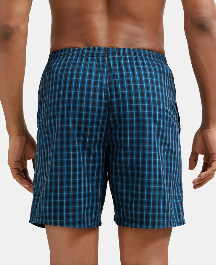 Super Combed Mercerized Cotton Woven Checkered Boxer Shorts with Side Pocket - Seaport Teal & Black(Pack of 2)