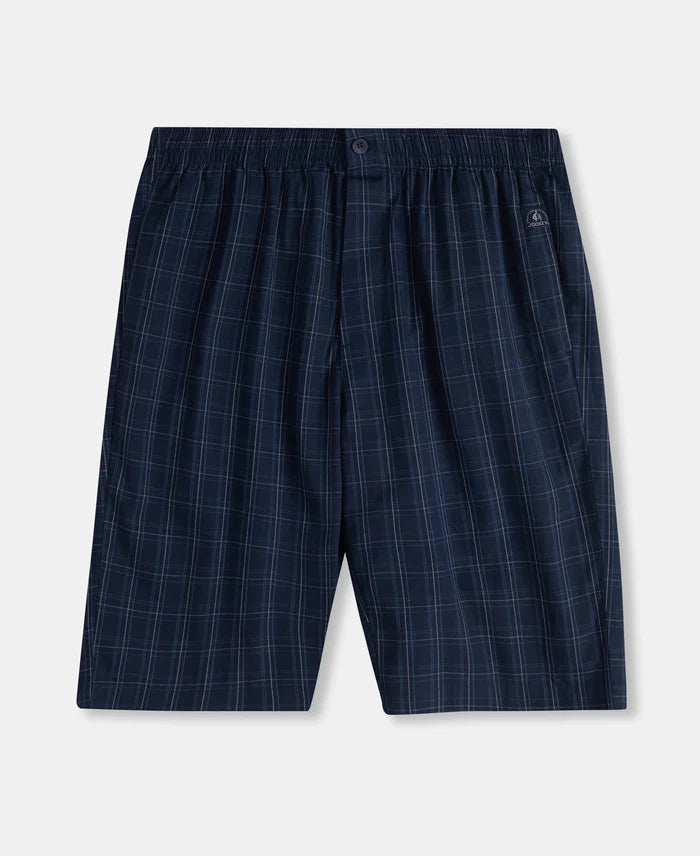 Super Combed Mercerized Cotton Woven Fabric Regular Fit Checkered Bermuda with Side Pockets - Navy & Grey