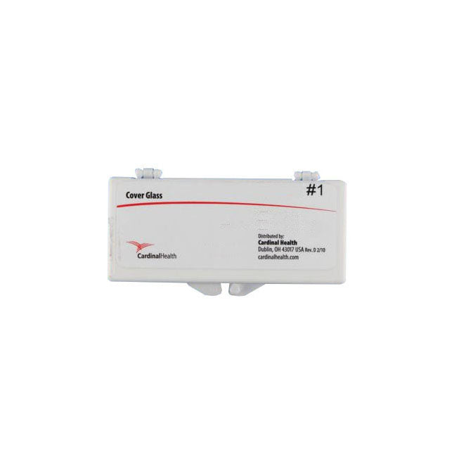 A white rectangular case containing cover glass rests on a white background; it is labeled "#1" and bears Cardinal Health branding and distribution information.
