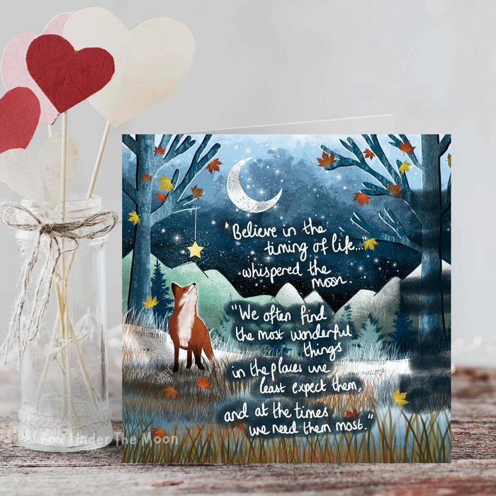 "Timing" Self Reflection Card From Fox Under The Moon featuring a serene night scene with a fox and inspirational quotes.