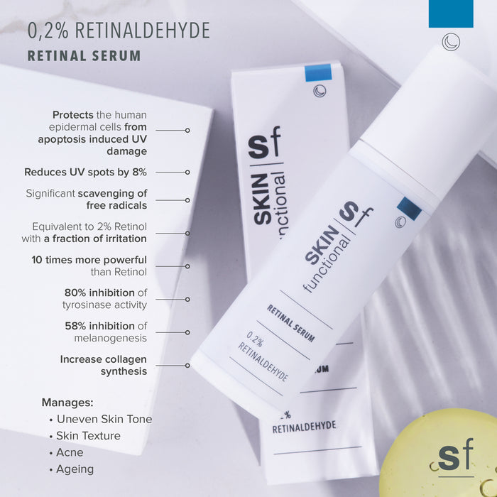 SKIN FUNCTIONAL retinaldehyde serum packaging with product details on a light gray background