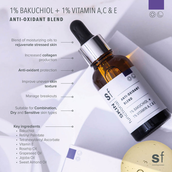 Skin Functional Anti-Oxident Blend Skincare product bottle with packaging and background