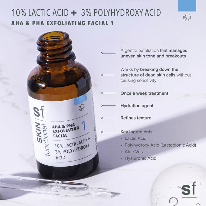 Skincare serum bottle with label detailing ingredients and benefits on a light background