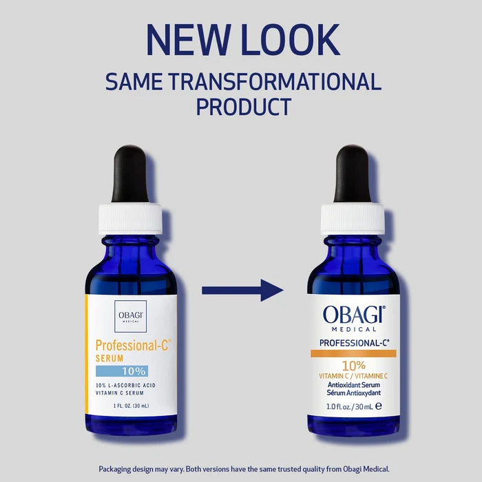 Professional-C Serum 10% new packaging, same transformational product. Before and after on grey background