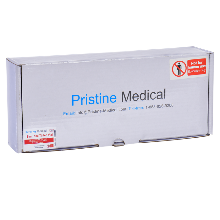 A Pristine Medical box containing Simu 1ml Tinted Vials sits on an unseen surface. The box is white with blue lettering and contact information. A label specifies "Not for human use, Education only."