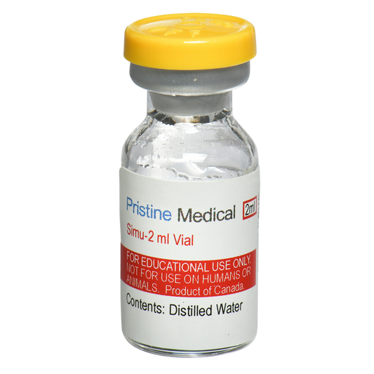 A 2ml vial of distilled water sits upright; it is labeled "Pristine Medical Simu-2 ml Vial" and contains a warning about its educational use only.