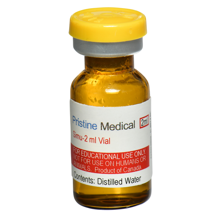 A small amber vial containing distilled water sits on a dark background. The vial is labeled "Pristine Medical Simu-2 ml Vial," and indicates it is for educational use only, not for humans or animals, and is a product of Canada.
