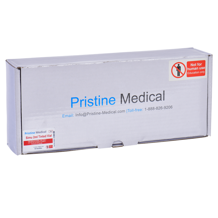 A Pristine Medical box containing a Simu 2ml tinted vial sits on a surface. The box is labeled "Not for human use. Education only." Contact information is also printed on the box.