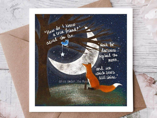 A True Friend A Friendship Card by Fox Under The Moon featuring a fox, moon, and heartfelt quote about friendship.