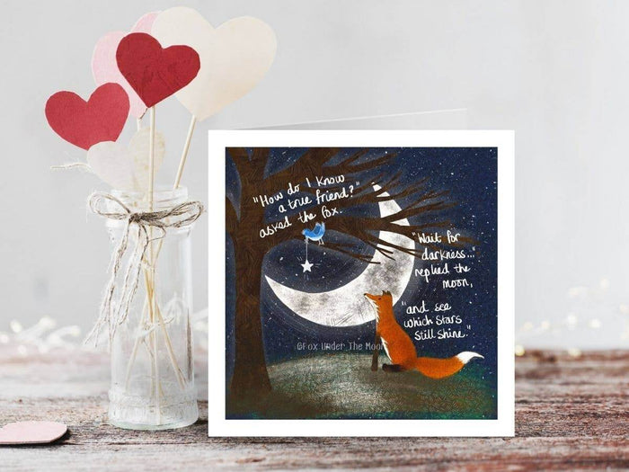 A True Friend" A Friendship Card by Fox Under The Moon featuring a fox under a starry night sky with a heartfelt quote.