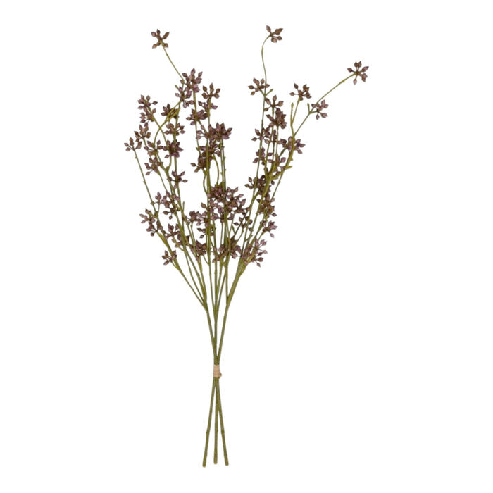 The ABIGAIL AHERN - BLUSH SUCCULENT BUNCH features small purple flowers and green stems tied with twine—a stylish artificial accent perfect for home decor. Add charm to any space with this unique piece from ABIGAIL AHERN.