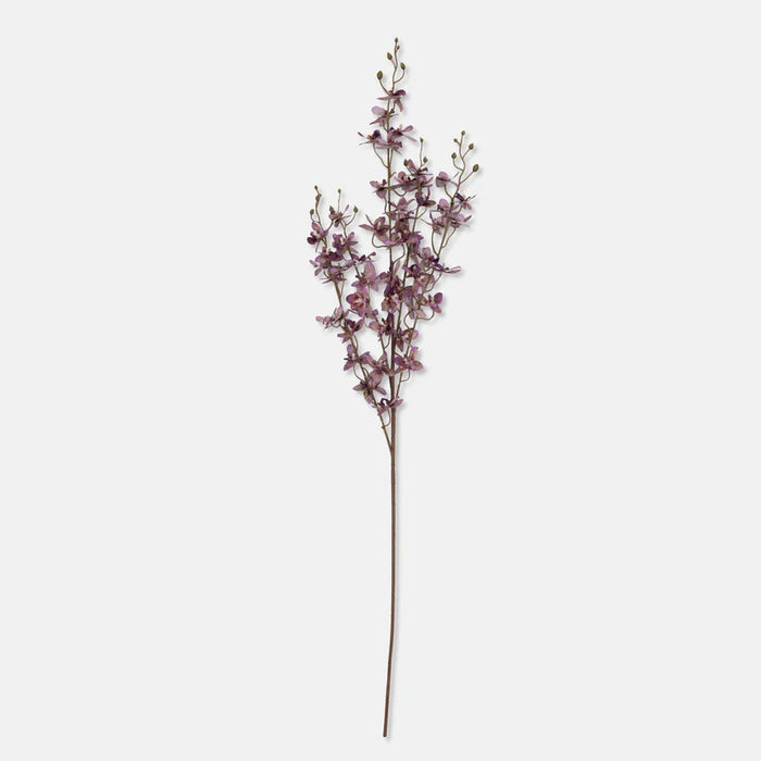 The ABIGAIL AHERN ONCIDIUM ORCHID is a single artificial stem featuring sparse small purple flowers and buds on delicate branches, presented against a plain white background.
