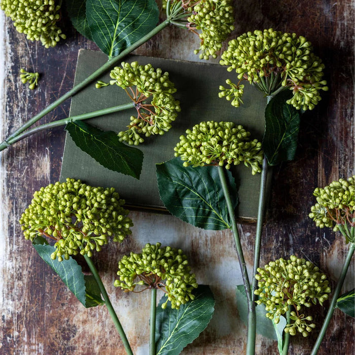 The ABIGAIL AHERN - VIBURNUM OLIVE by ABIGAIL AHERN features a single long artificial stem with two clusters of small yellow-green buds and a large, textured green leaf set against a plain white background.