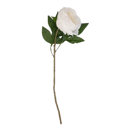 The ABIGAIL AHERN - WHITE PEONY features five real-touch white peonies with green leaves in a textured beige vase, styled against a light neutral background, reflecting ABIGAIL AHERN’s signature aesthetic.