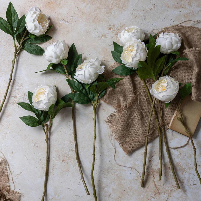 The ABIGAIL AHERN - WHITE PEONY features five real-touch white peonies with green leaves in a textured beige vase, styled against a light neutral background, reflecting ABIGAIL AHERN’s signature aesthetic.
