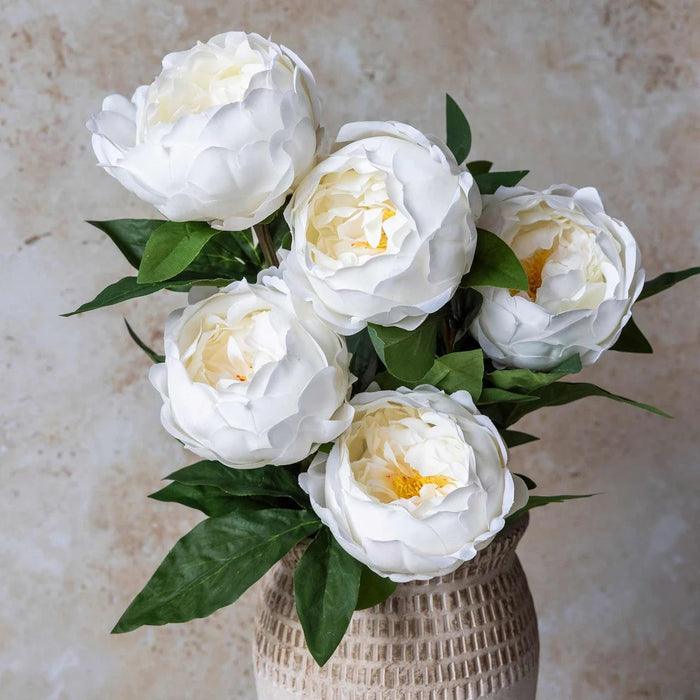 A single ABIGAIL AHERN - WHITE PEONY artificial flower features real-touch petals and green leaves on a long brown stem, from the ABIGAIL AHERN brand, shown against a plain white background.