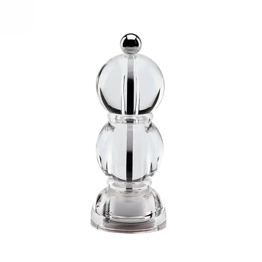 The ADDISON ROSS LONDON MINI BOB SALT OR PEPPER MILL 14CM features a clear bulbous acrylic body, round top knob, and a ceramic grinder, standing upright against a white background.