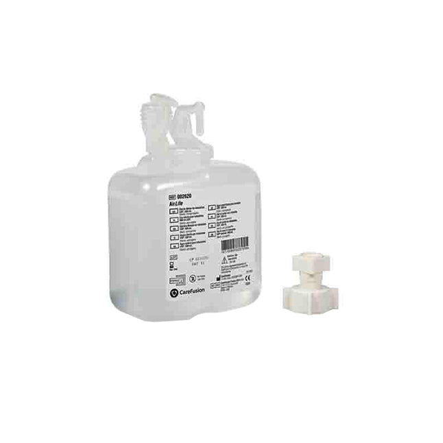 A clear bottle labeled "REF 000620 AirLife" sits alongside a white plastic connector. The bottle has a dispensing spout and markings/symbols, all set against a plain white background.