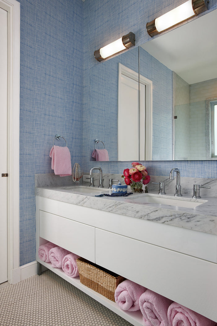 Alan Campbell Wallpaper: Criss Cross - Custom Swiss Blue on Almost White Paper (FIVE YARD MINIMUM)