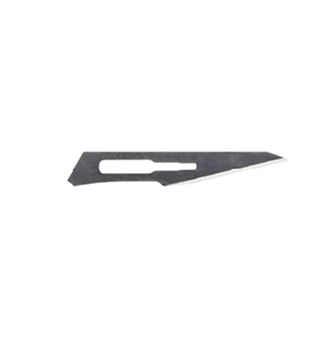 A scalpel blade rests on a plain white background. The blade is dark gray, has a pointed tip, and appears to be new and unused.