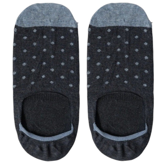 A pair of navy melange invisible socks with lighter gray toes and small polka dots. Expertly crafted in Italy from a premium combed cotton blend, these men’s accessories by AMANDA CHRISTENSEN feature the text “AMANDA CHRISTENSEN” and “SINCE 1885” printed on each.