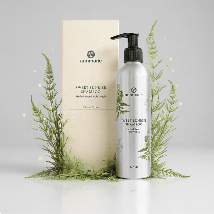 annmarie Sweet Sunrise Shampoo bottle and packaging with greenery on a light gray background