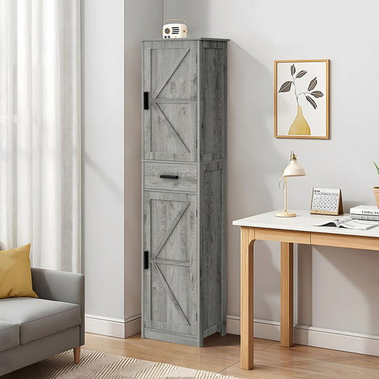 Armoire de salle de bain grise haute avec 4 étagères, 2 portes et 1 tiroir