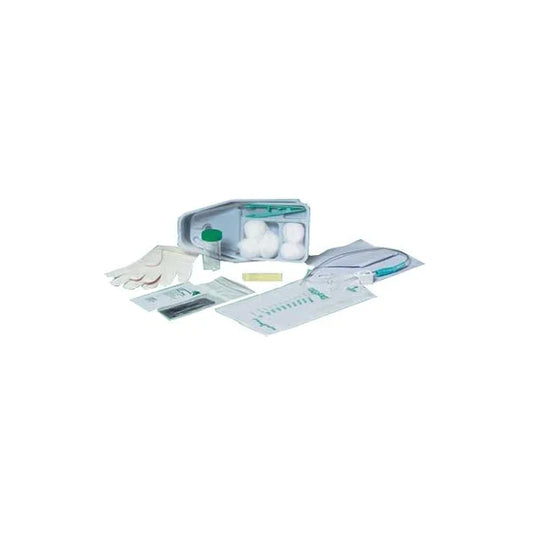 A medical kit containing cotton balls, a vial, gloves, and other supplies is arranged on a surface.