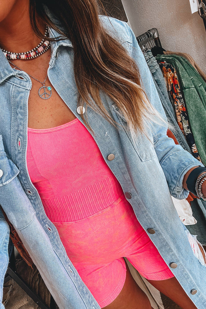 Beau Blue Light Wash Distressed Frayed Long Denim Shacket