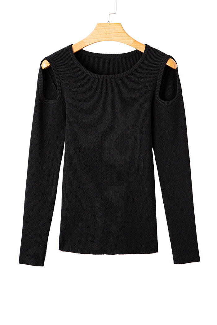 Black Ribbed Knit Cold Shoulder Plain Sweater