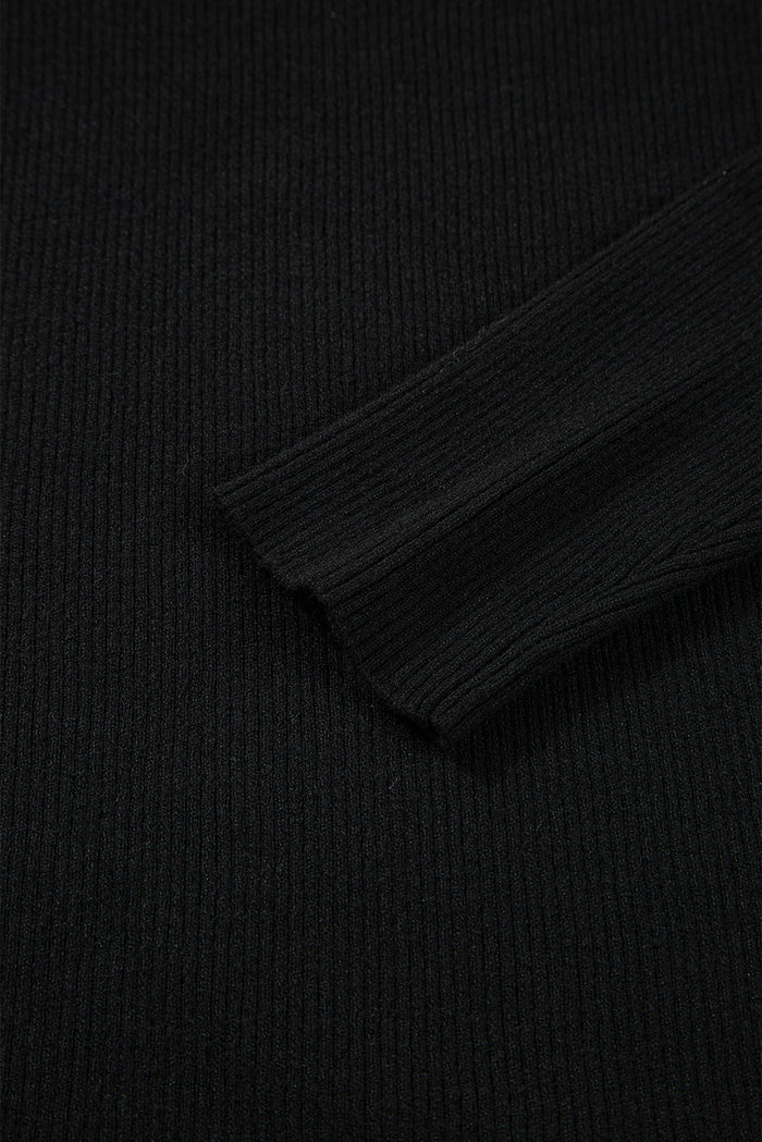 Black Ribbed Knit Cold Shoulder Plain Sweater