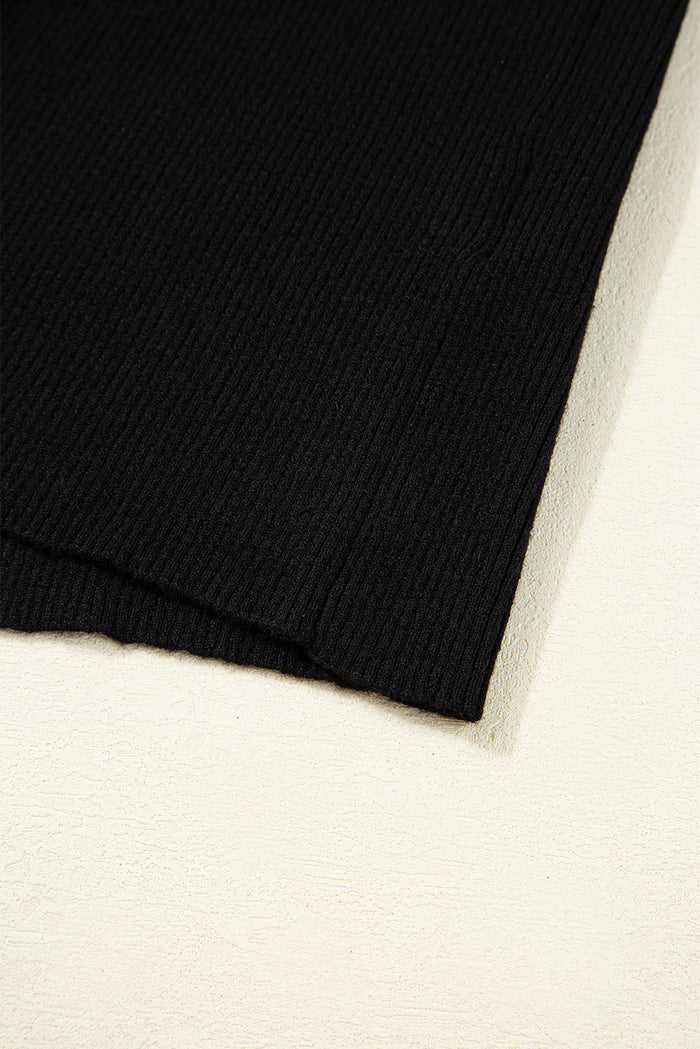 Black Ribbed Knit Cold Shoulder Plain Sweater