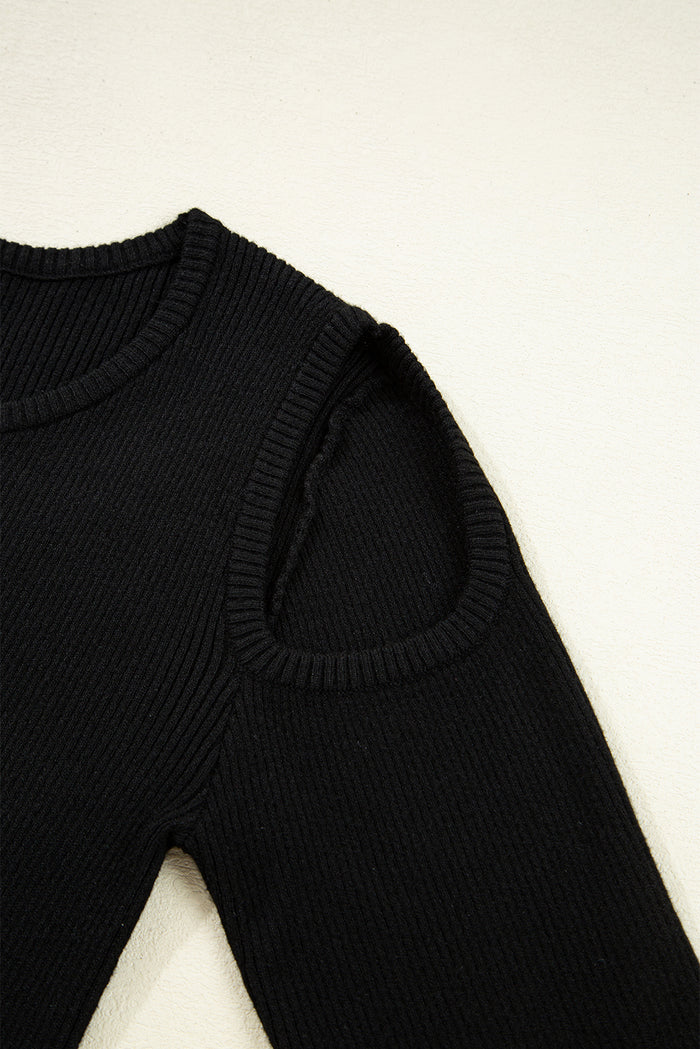 Black Ribbed Knit Cold Shoulder Plain Sweater