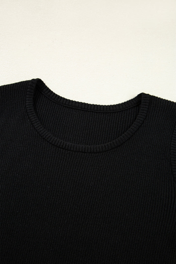 Black Ribbed Knit Cold Shoulder Plain Sweater