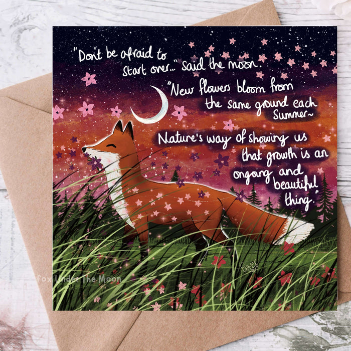 Bloom - Greeting Card From Fox Under The Moon with a fox and inspirational quote about growth and nature.