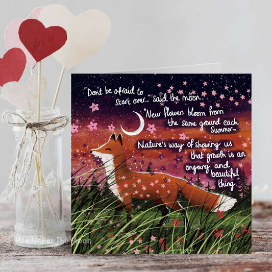 'Bloom' - Greeting Card From Fox Under The Moon featuring a fox and inspirational quote about growth.