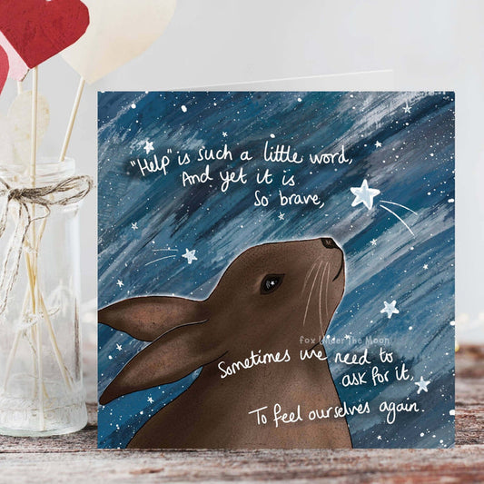 "Brave" - Greeting Card by Fox Under The Moon featuring a bunny and encouraging message in a starry backdrop.